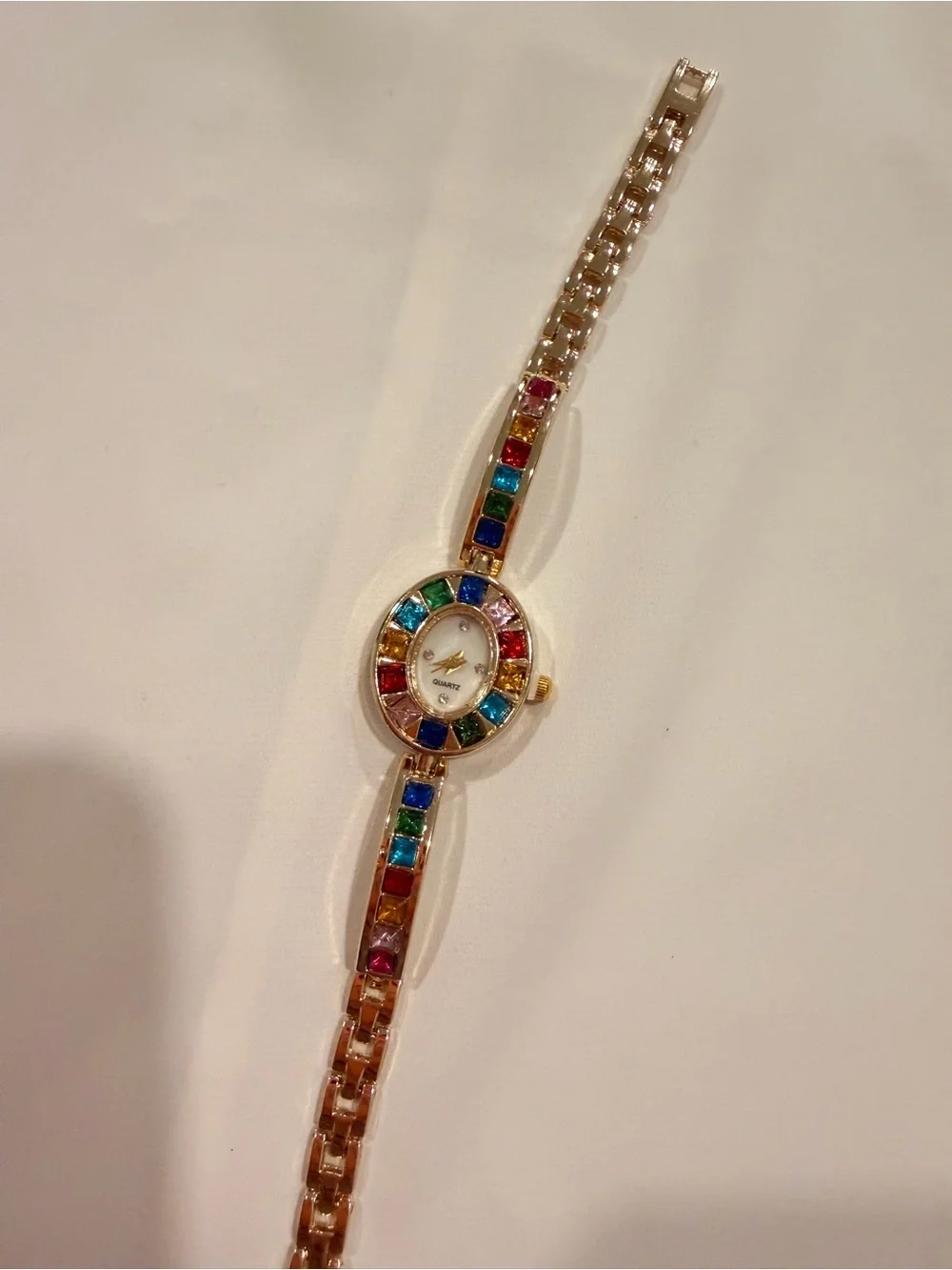 Gold-Tone Bracelet Watch with Multicolor Gemstones
